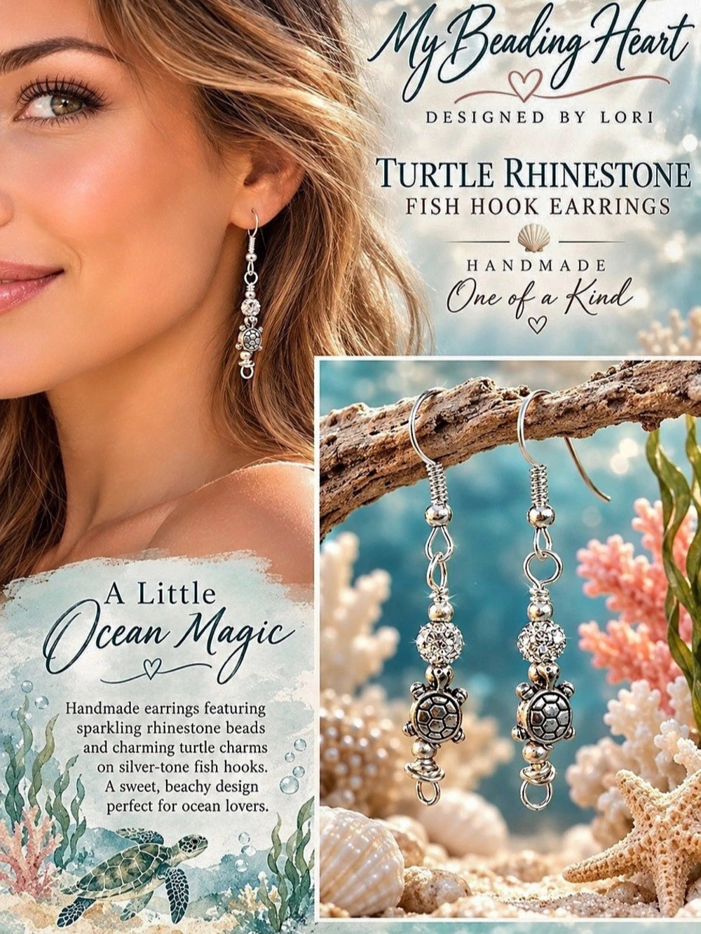 My Beading Heart Turtle Rhinestone Fish Hook Earrings Silver Fish Hook Earrings